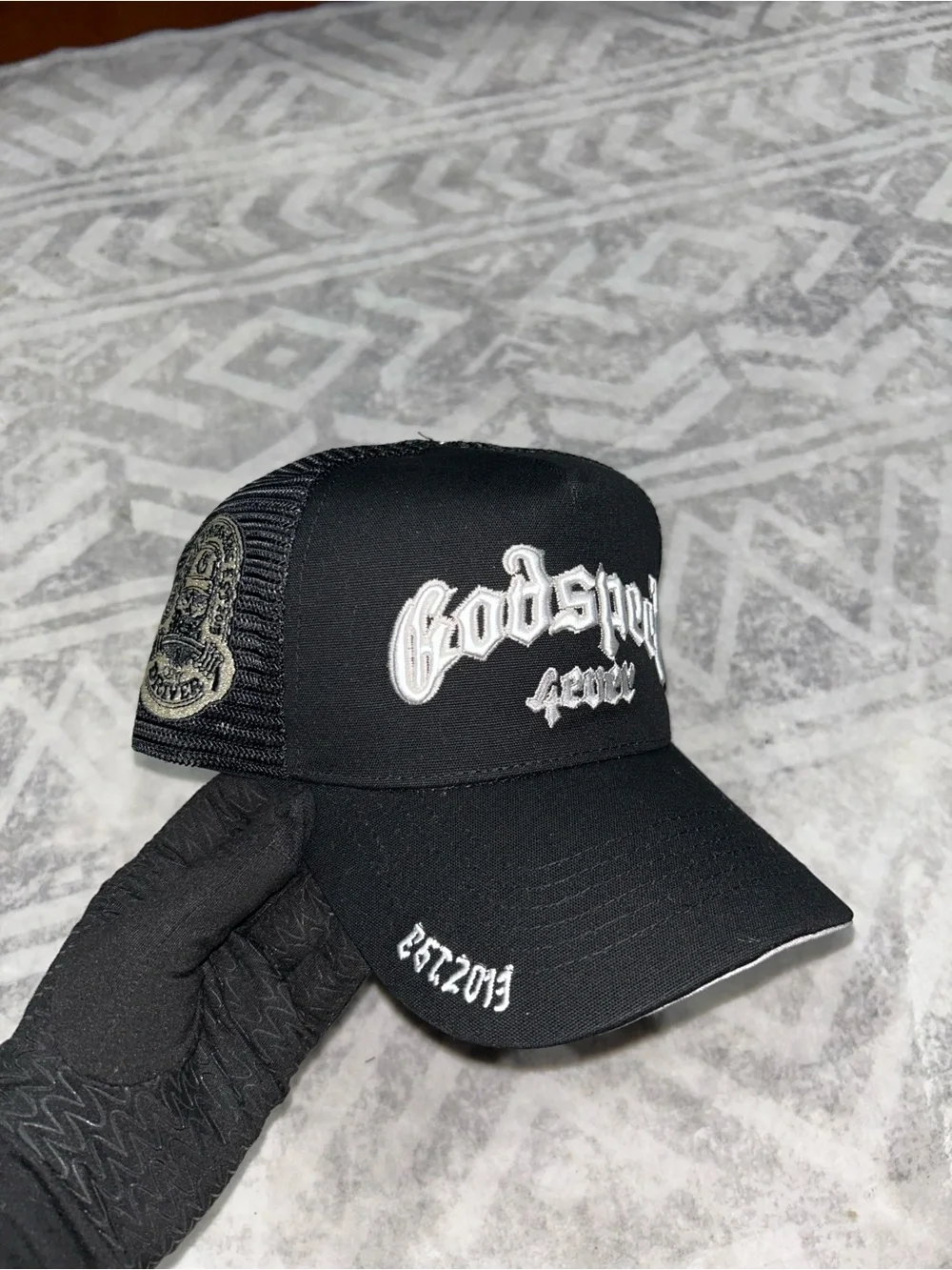 Black 'Godspeed' Trucker Hat with White Embroidery